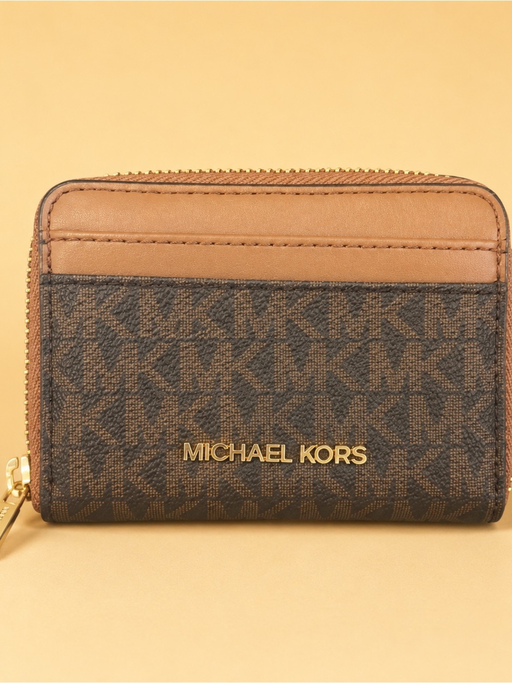 Michael Kors Brown and Tan Logo Zip Card Holder